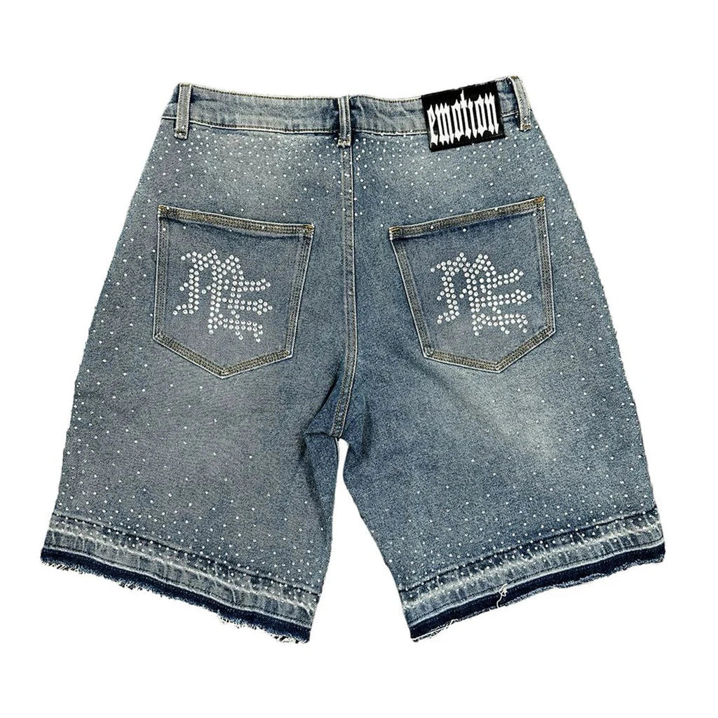Mixed Emotions "ME" Rhinestone Denim Shorts Blue