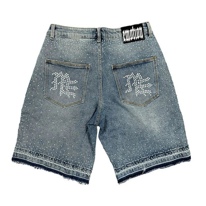 Mixed Emotions "ME" Rhinestone Denim Shorts Blue
