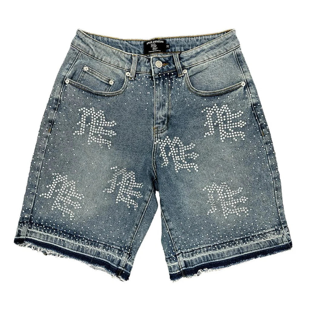 Mixed Emotions "ME" Rhinestone Denim Shorts Blue