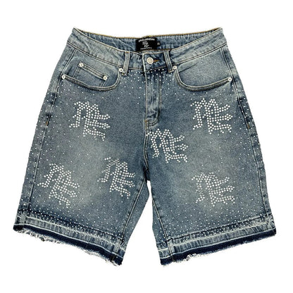 Mixed Emotions "ME" Rhinestone Denim Shorts Blue