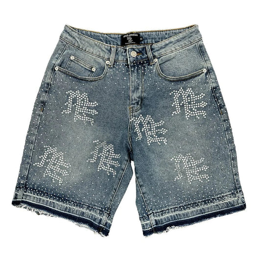 Mixed Emotions "ME" Rhinestone Denim Shorts Blue